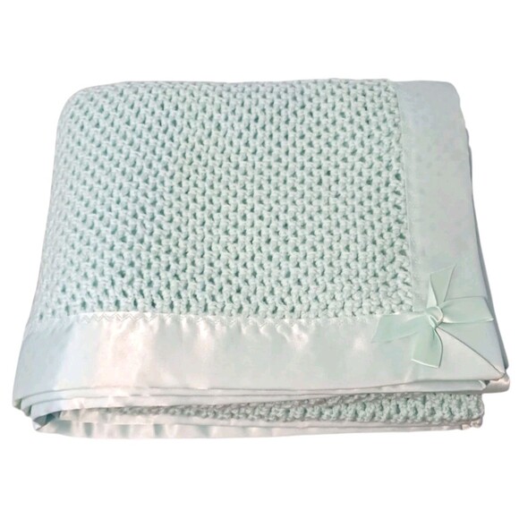 Handmade Other - VTG Afghan Hand Crochet Baby Blanket Throw Handmade MINT GREEN Satin Trim UNUSED